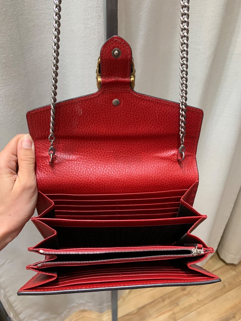 Gucci Dionysus Textured Leather Wallet on Chain Red