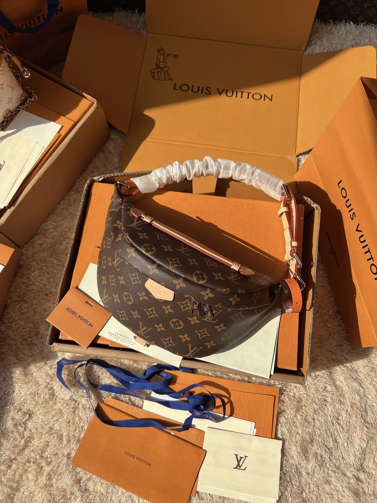 LV Bumbag Monogram Canvas Crossbody Belt Bag with Leather Trim and Adjustable Strap (37 x 14 x 13) cm