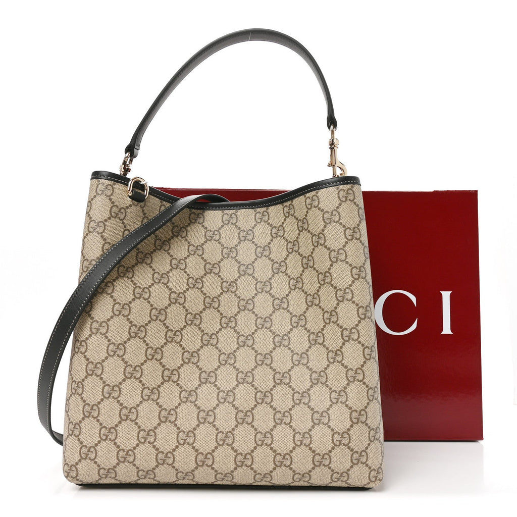 GG Supreme Monogram Medium Emblem Bucket Bag Beige Dark Brown Black