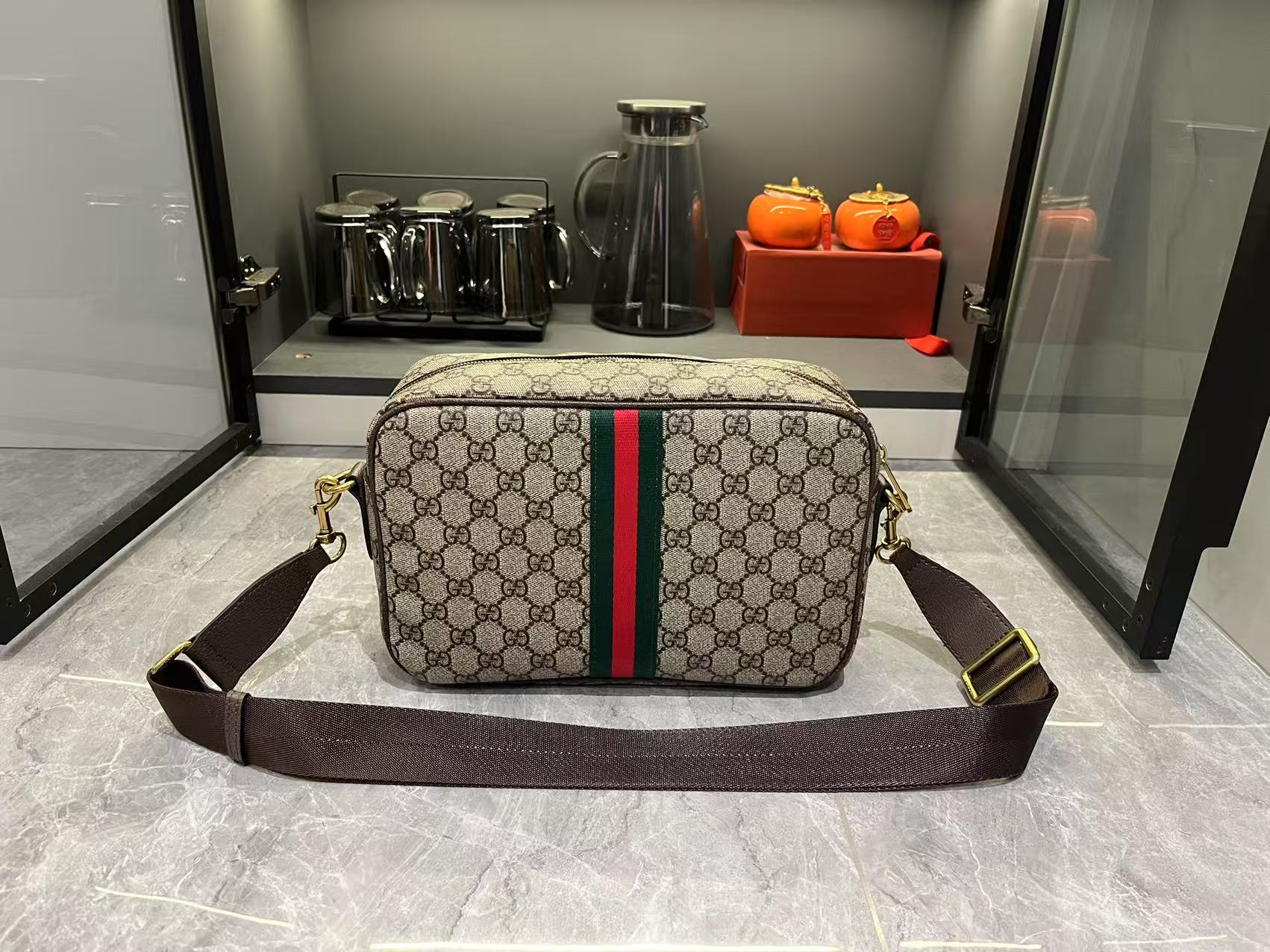 Gucci Ophidia Medium GG Supreme Canvas Shoulder Crossbody Bag with Web Stripe and Leather Trim (23.9 x 15 x 3.8) cm